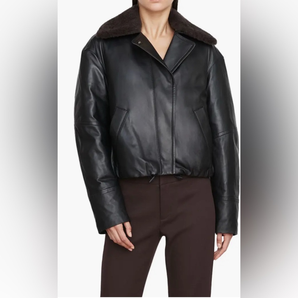 Vince Black Leather Bomber Jacket with Dark Brown Shearling Collar
